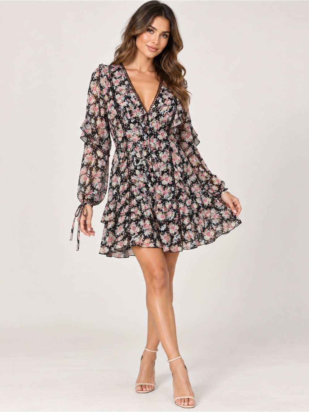 Fashion Nova Edith Ruffle Mini Dress NWT Size S Black Floral Chiffon Look Lined